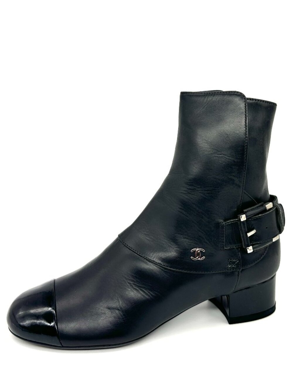 CHANEL 13B Black Leather Patent Cape Toe Buckled Ankle Bootie Boots Shoes